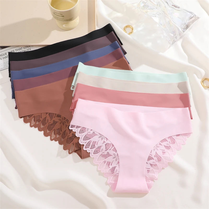 FINETOO 3Pcs Women Lace Floral Underwear Seamless Stretch Panties Sexy Hollow Out Low-Waist Briefs High Quality Comfort Lingerie