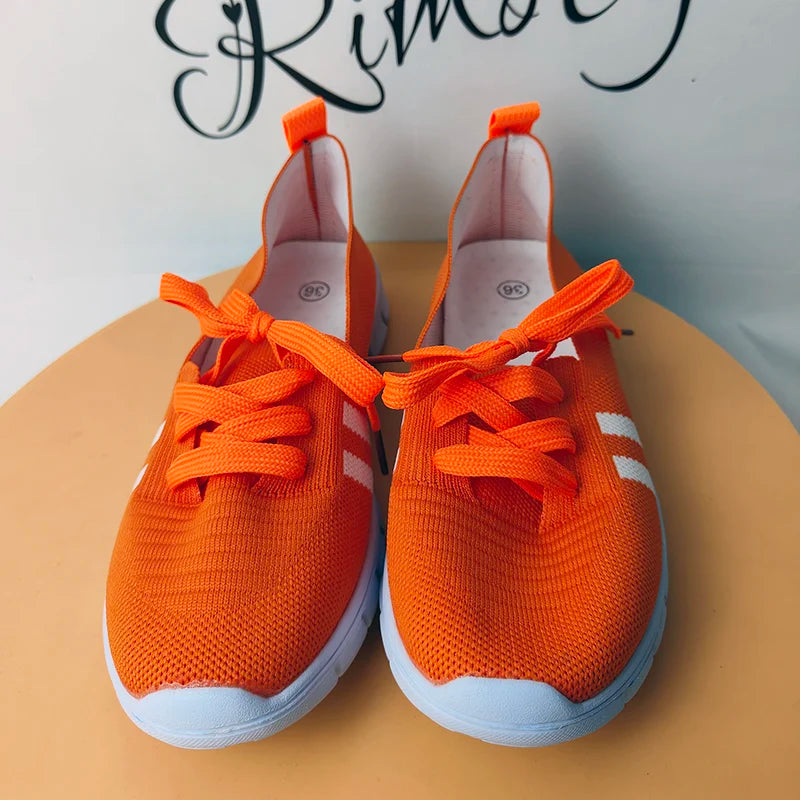 Lightweight Women Casual Shoes Mesh Breathable Casual Sneakers Woman Striped Knitted Flats Comfortable Walking Shoes Plus Size