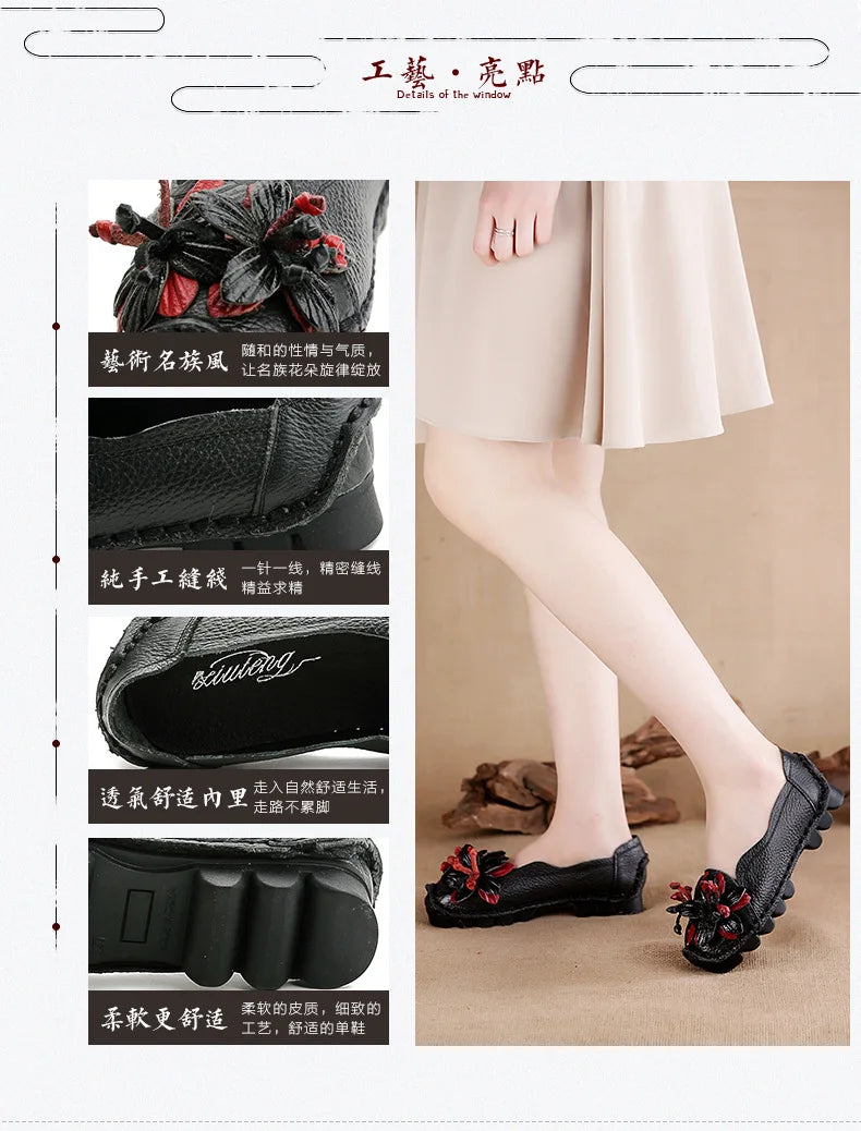 Genuine Leather Ballet Flats Women's Slip On Loafers Vintage Handmade Flower Soft Muffin Platform Casual Walk Dress Shoes Woman