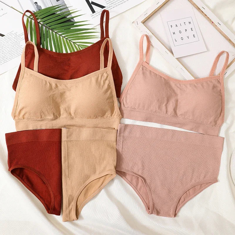 Women Seamless Bra Set Sexy Backless Ribbed High Waist Panties Female Lingerie Set Crop Top Seamless Briefs Underwear
