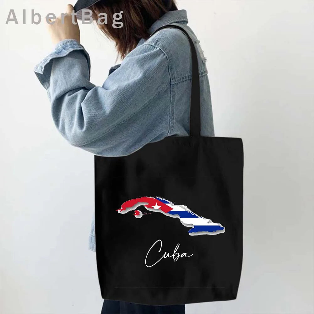 Cuba Country Map Flag Havana Travel Cuban Watercor Shopper Harajuku Canvas Totes Bag Cubana Girl Gift Love Heart Cotton Handbags