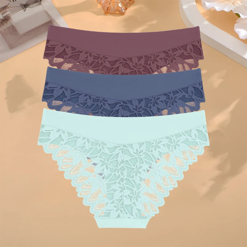 FINETOO 3Pcs Women Lace Floral Underwear Seamless Stretch Panties Sexy Hollow Out Low-Waist Briefs High Quality Comfort Lingerie