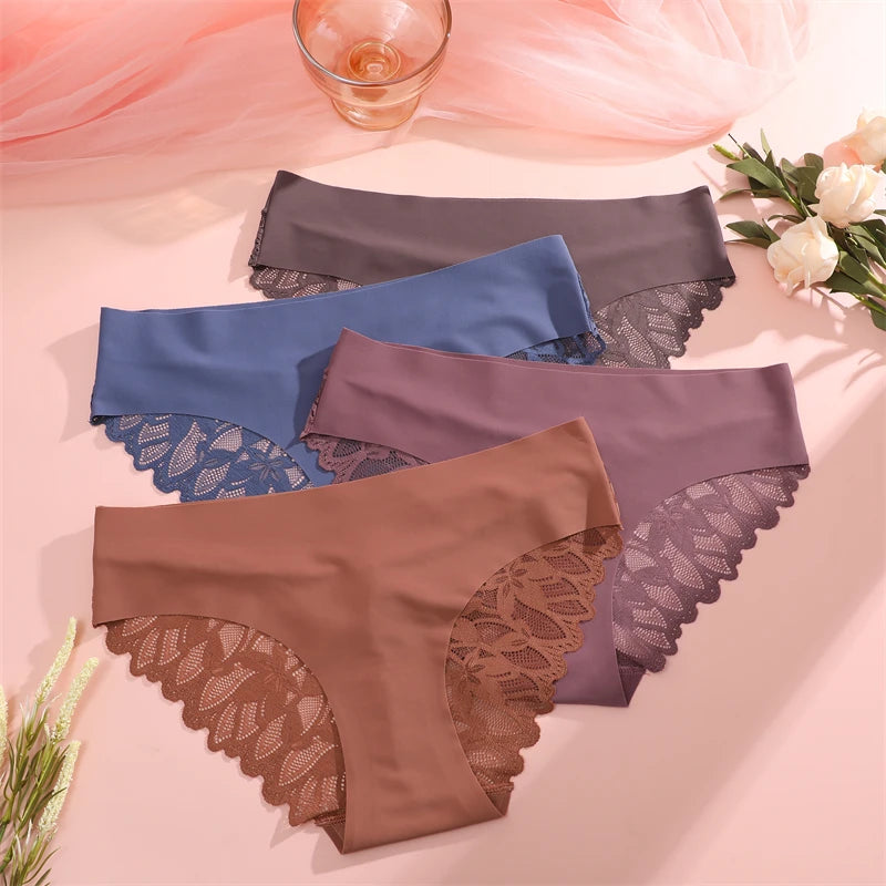 FINETOO 3Pcs Women Lace Floral Underwear Seamless Stretch Panties Sexy Hollow Out Low-Waist Briefs High Quality Comfort Lingerie