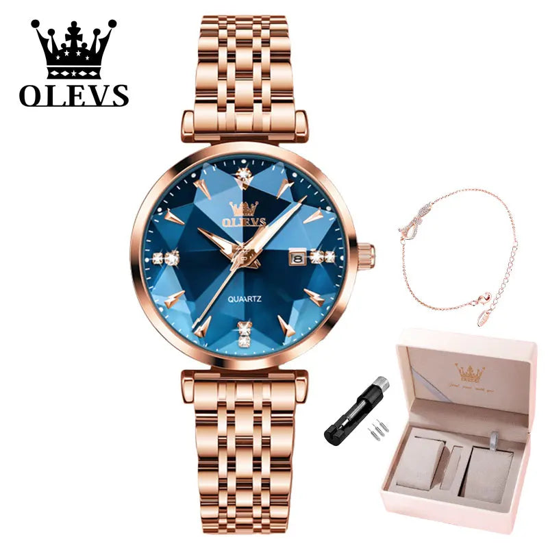 OLEVS Women Luxury Jewelry Quartz Watch Waterproof Stainless steel Strap Rose Gold Watch for Women Fashion Watch Bracelet Set