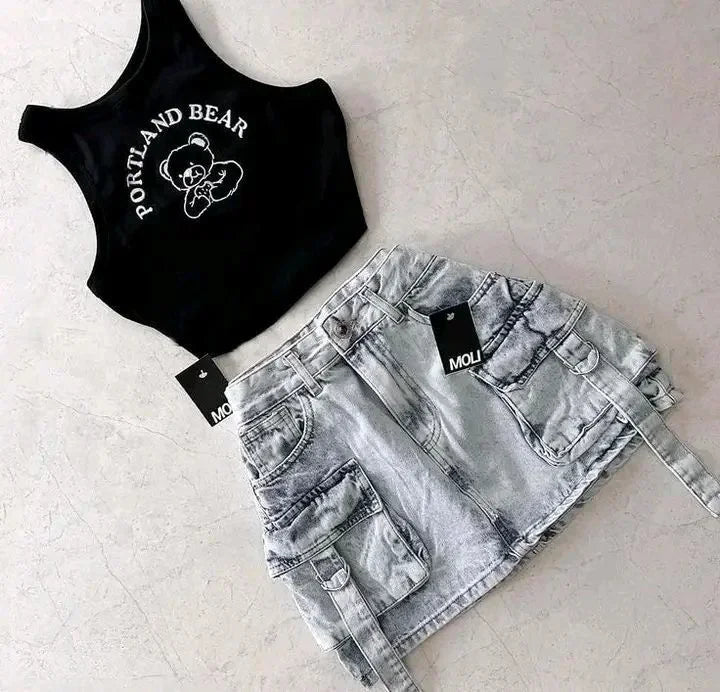 Harajuku Retro Style Sexy Hot Girl Two-piece Vest with Sweet Printed Low Waist Patchwork Slim Denim Short Skirt Y2K