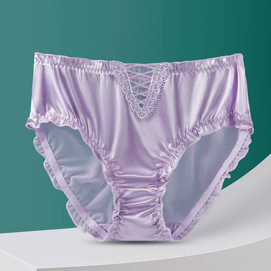 Sexy Hollow Lace Women Middle Waist Underwear High Elasticity Mesh Transparent Panties Satin Smooth Breathable Seamless Breifs