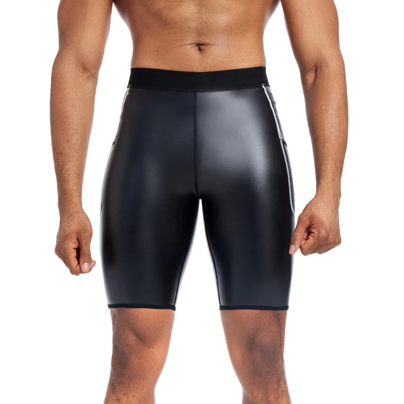 Men Fashion White Splicing Leather Shorts Body Shaper Waist Trainer High Waist Control Panties Fitness Leather Pants with Pocket