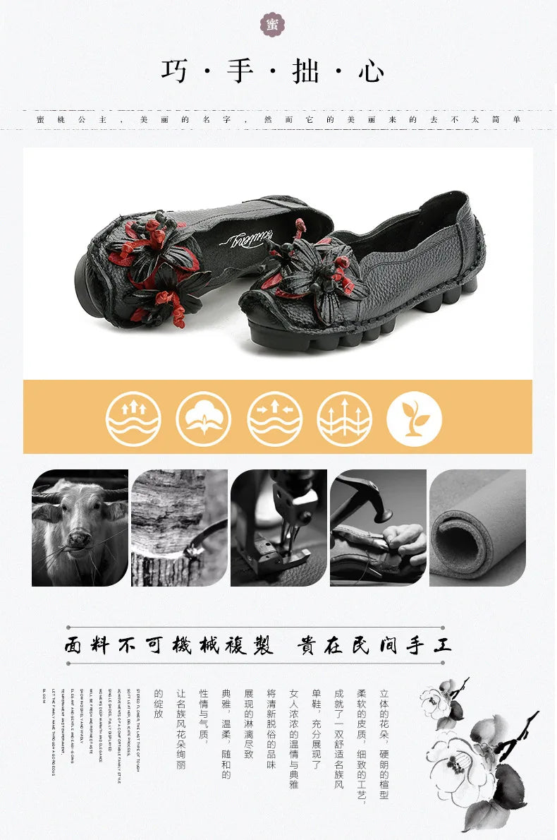 Genuine Leather Ballet Flats Women's Slip On Loafers Vintage Handmade Flower Soft Muffin Platform Casual Walk Dress Shoes Woman