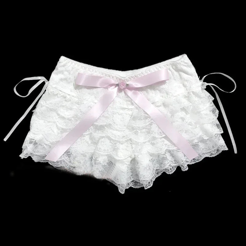 Multilayer Lace Shorts Women Lolita Ribbons Flower Ruffles Elastic Waist Cute Bottoming Shorts for Sweet Girls Kawaii Clothes