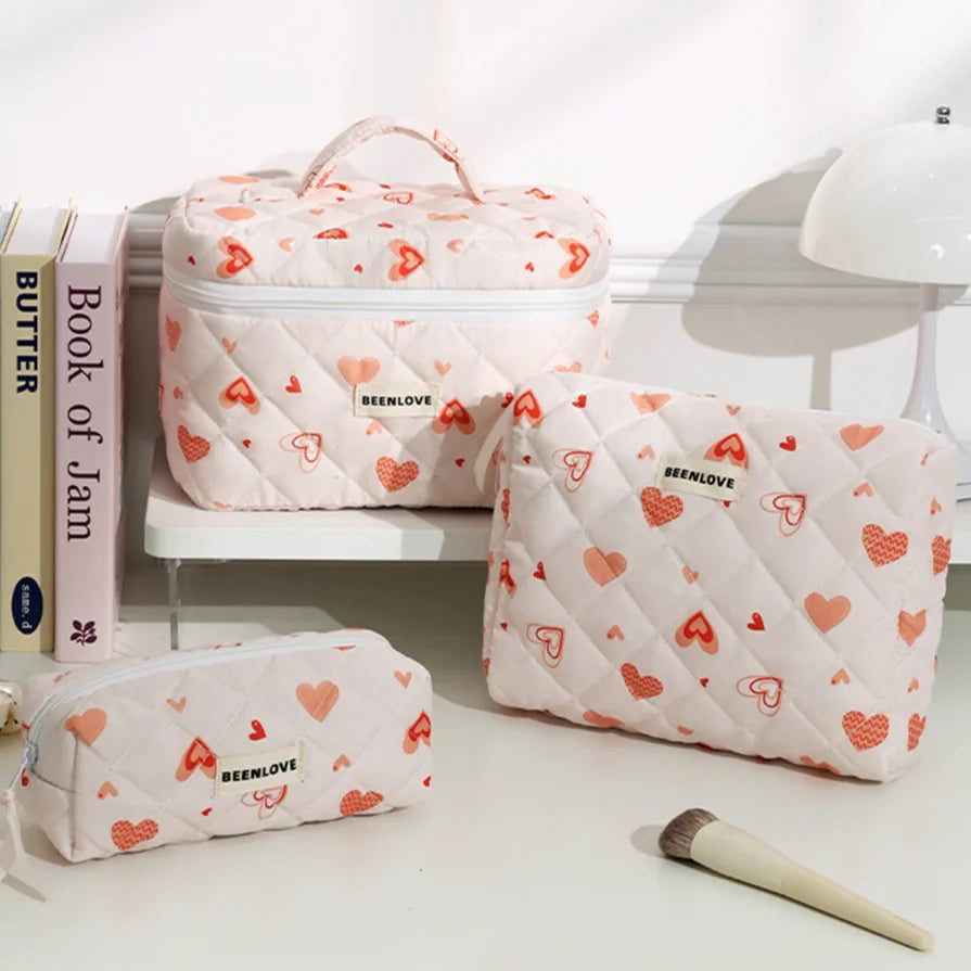 3pcs Aesthetic Cosmetic Organizer Set Quilted Cotton Sweet Women Makeup Pouch Cherry/Heart Pattern Skincare Clutch Toiletry Bag