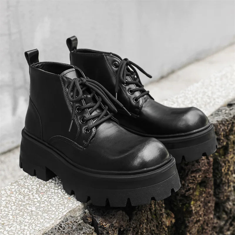 Korean style men fashion platform boots black white genuine leather shoes cowboy chunky boot spring autumn cool ankle botas mans