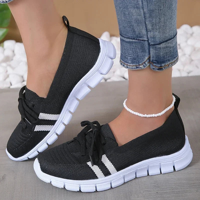 Lightweight Women Casual Shoes Mesh Breathable Casual Sneakers Woman Striped Knitted Flats Comfortable Walking Shoes Plus Size