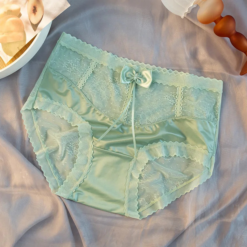 Women Sexy Lace Satin Smooth Middle Waist Panties Transparent Breathable Seamless Bow Underwear High Elasticity Soft Breifs