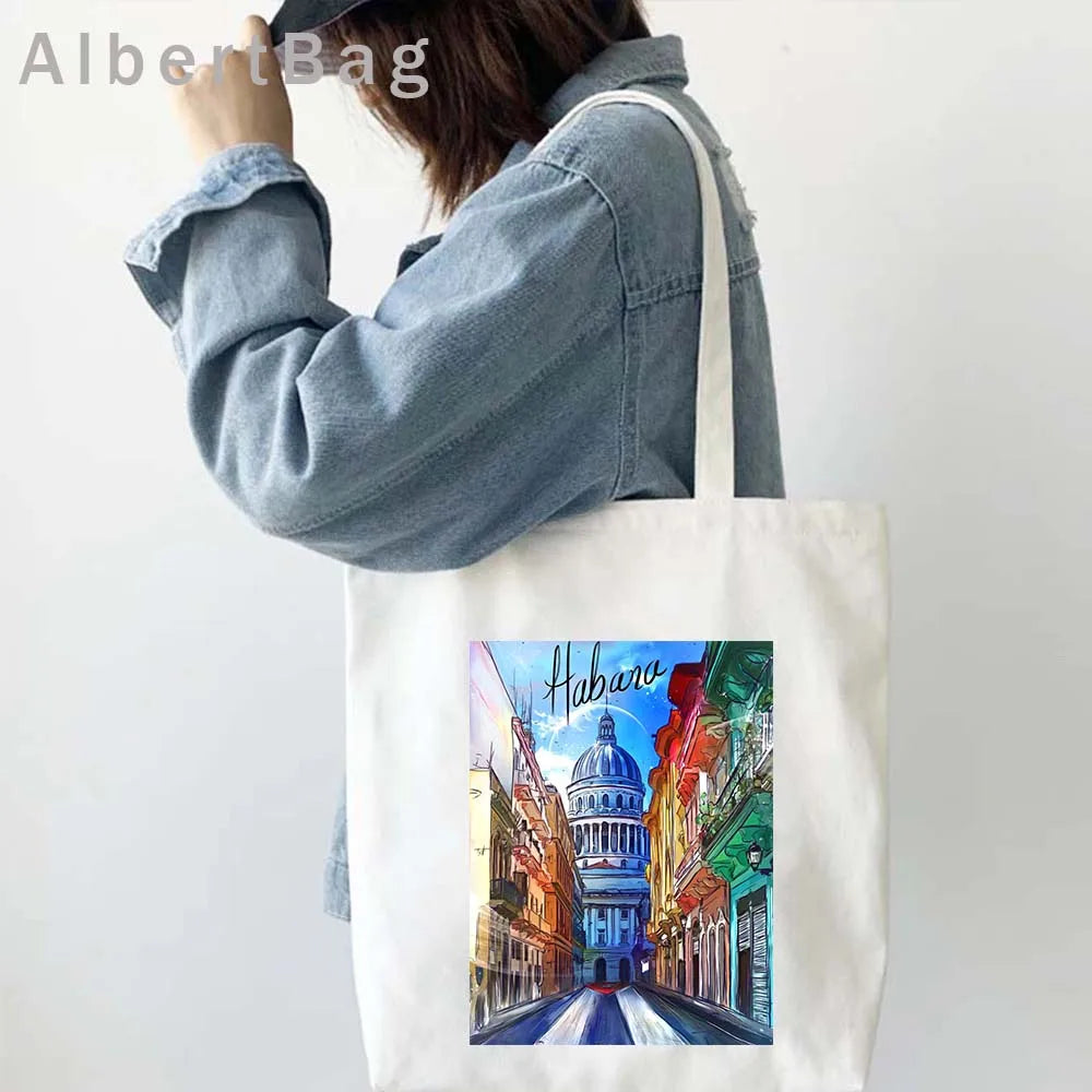 Cuba Country Map Flag Havana Travel Cuban Watercor Shopper Harajuku Canvas Totes Bag Cubana Girl Gift Love Heart Cotton Handbags