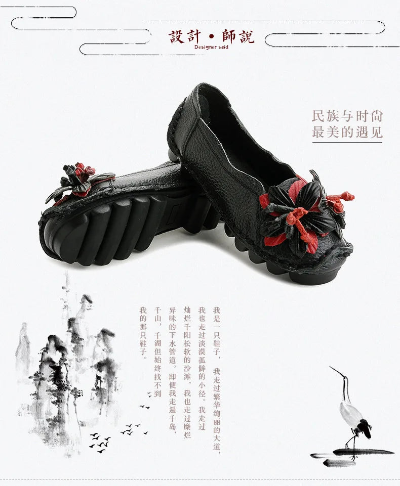 Genuine Leather Ballet Flats Women's Slip On Loafers Vintage Handmade Flower Soft Muffin Platform Casual Walk Dress Shoes Woman
