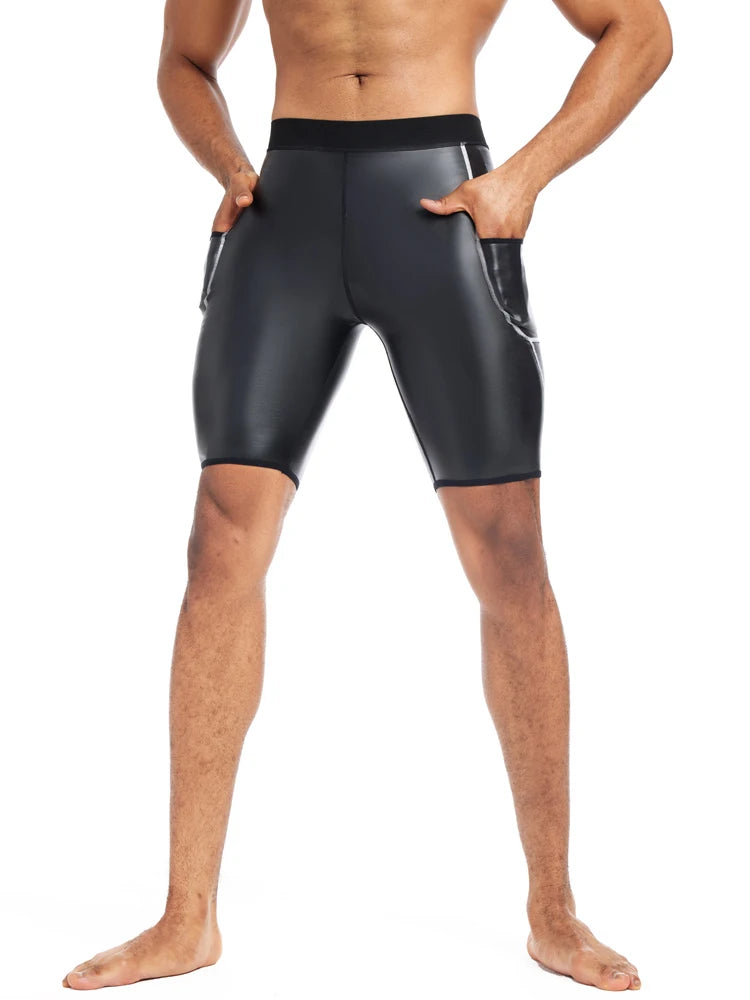 Men Fashion White Splicing Leather Shorts Body Shaper Waist Trainer High Waist Control Panties Fitness Leather Pants with Pocket