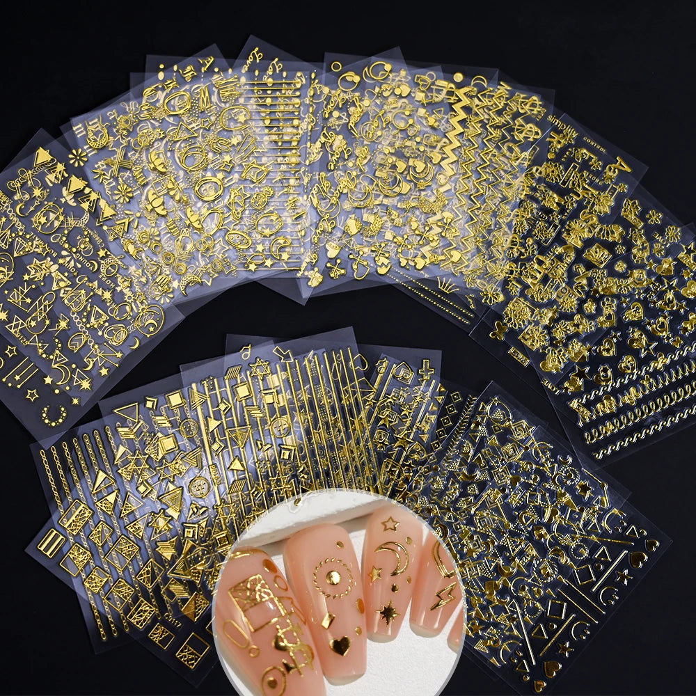 3D Gold Bronzing Moon Star Nail Stickers 20/30pcs Metallic Geometry Line Nail Decals Adhesive Metallic Laser Manicure Slider 6cm