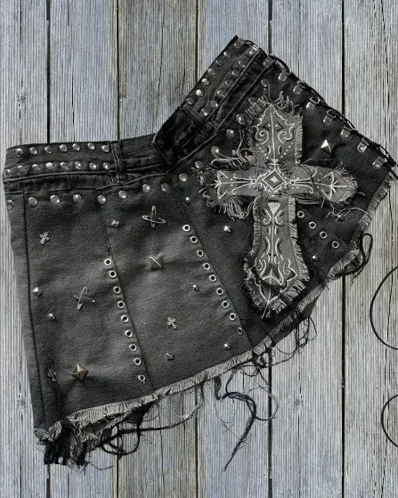 Women Sweetheart Retro Denim Short Y2K Short Skirt Hiphop Digital Patchwork Patchwork Baggy Short High Waist Slim Fit Mini Skirt