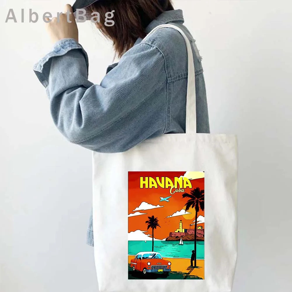 Cuba Country Map Flag Havana Travel Cuban Watercor Shopper Harajuku Canvas Totes Bag Cubana Girl Gift Love Heart Cotton Handbags