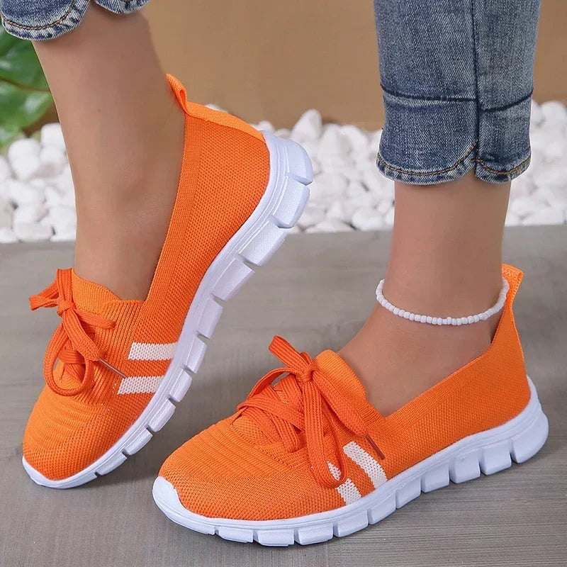 Lightweight Women Casual Shoes Mesh Breathable Casual Sneakers Woman Striped Knitted Flats Comfortable Walking Shoes Plus Size