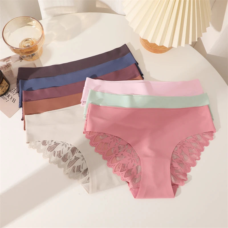 FINETOO 3Pcs Women Lace Floral Underwear Seamless Stretch Panties Sexy Hollow Out Low-Waist Briefs High Quality Comfort Lingerie