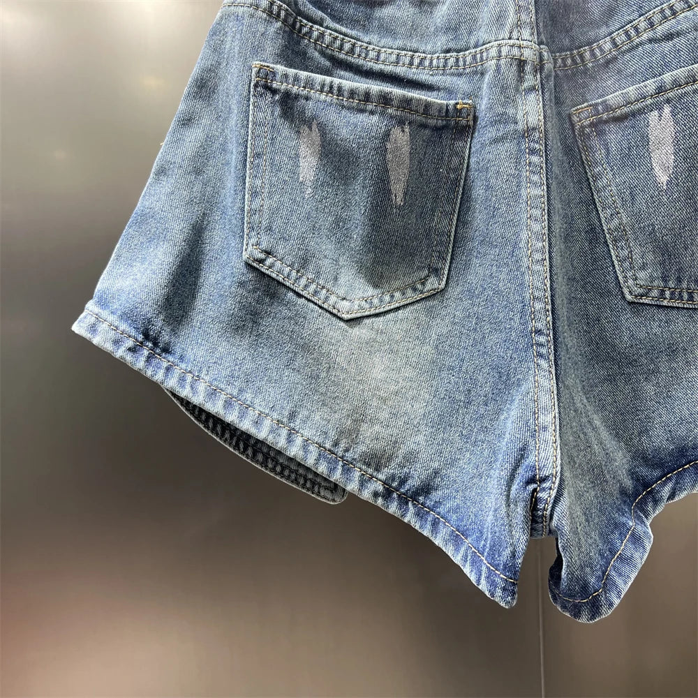 Women's Elastic Bud Denim Shorts High Waist Pocket Loose Wide Leg Jeans Pants Streetwear Casual Summer Fashion Short Pants