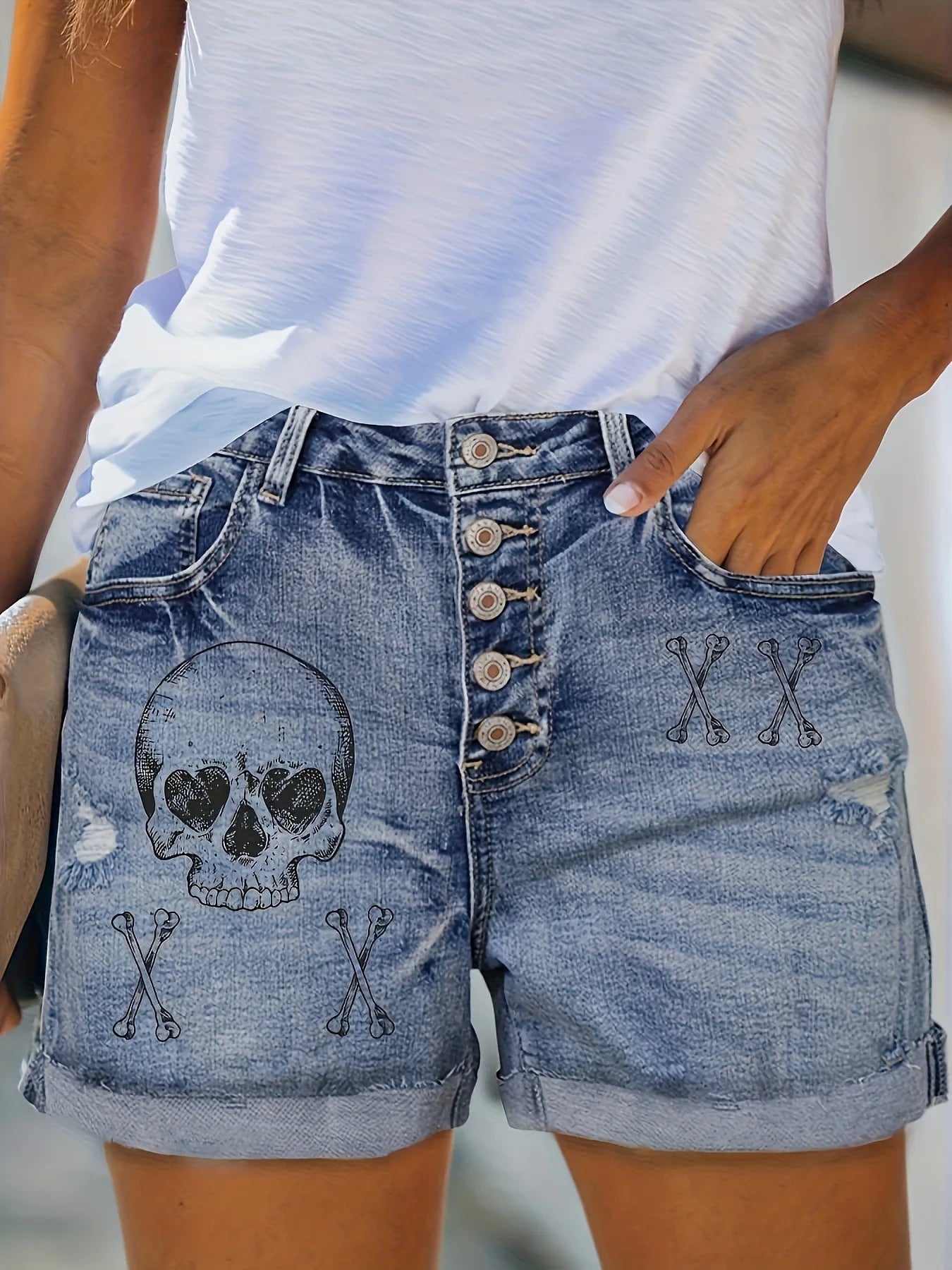 2025 Summer New Retro Punk Skull Printed Ripped Denim Shorts For Women Casual Elastic Curled Jeans Shorts