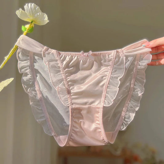 Women Sexy Mesh Satin Lace Ruffles Underwear Transparent Bow Cute Lovely Low Waist Thin Breathable Panties High Forks Breifs