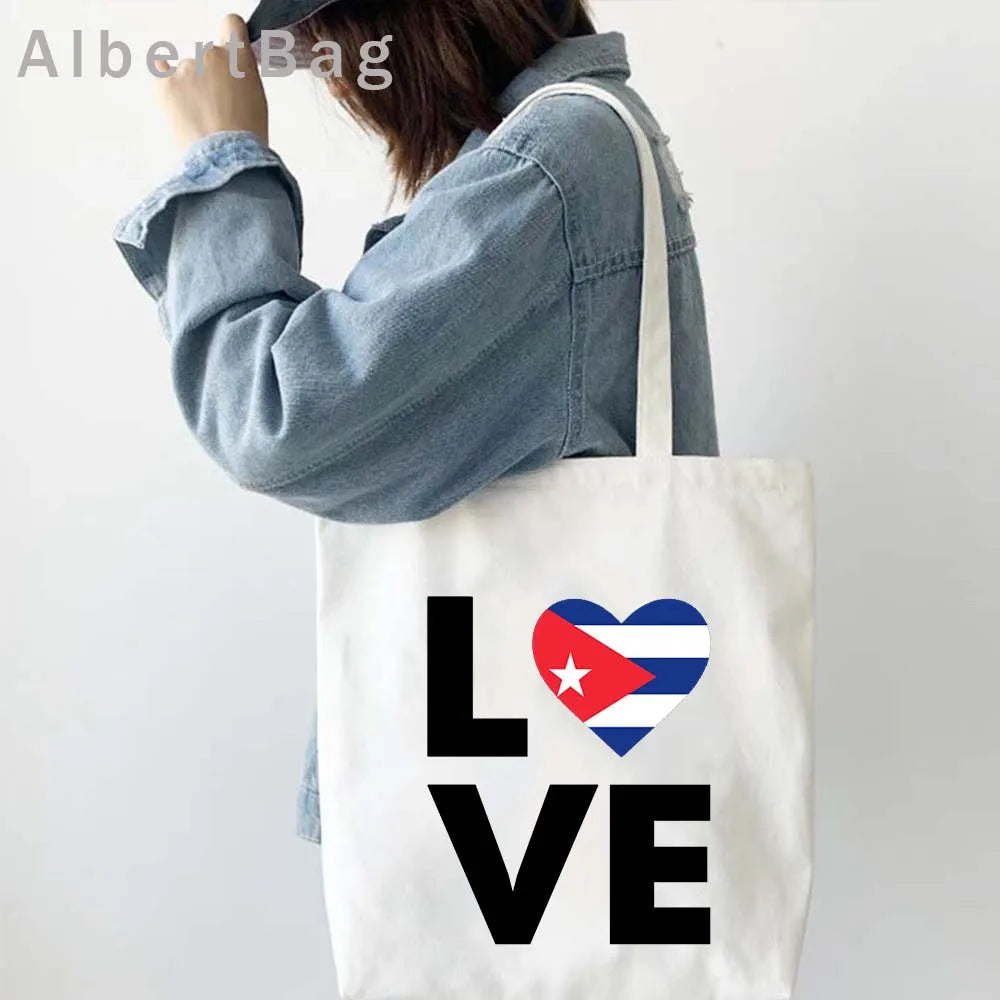 Cuba Country Map Flag Havana Travel Cuban Watercor Shopper Harajuku Canvas Totes Bag Cubana Girl Gift Love Heart Cotton Handbags