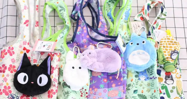 Anime Cartoon Foldable Shopping Bags Thick Nylon Large Tote Reusable Polyester Portable Shoulder Women's Handbags Folding Pouch