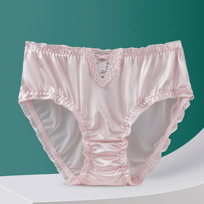 Sexy Hollow Lace Women Middle Waist Underwear High Elasticity Mesh Transparent Panties Satin Smooth Breathable Seamless Breifs