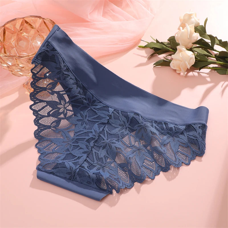 FINETOO 3Pcs Women Lace Floral Underwear Seamless Stretch Panties Sexy Hollow Out Low-Waist Briefs High Quality Comfort Lingerie