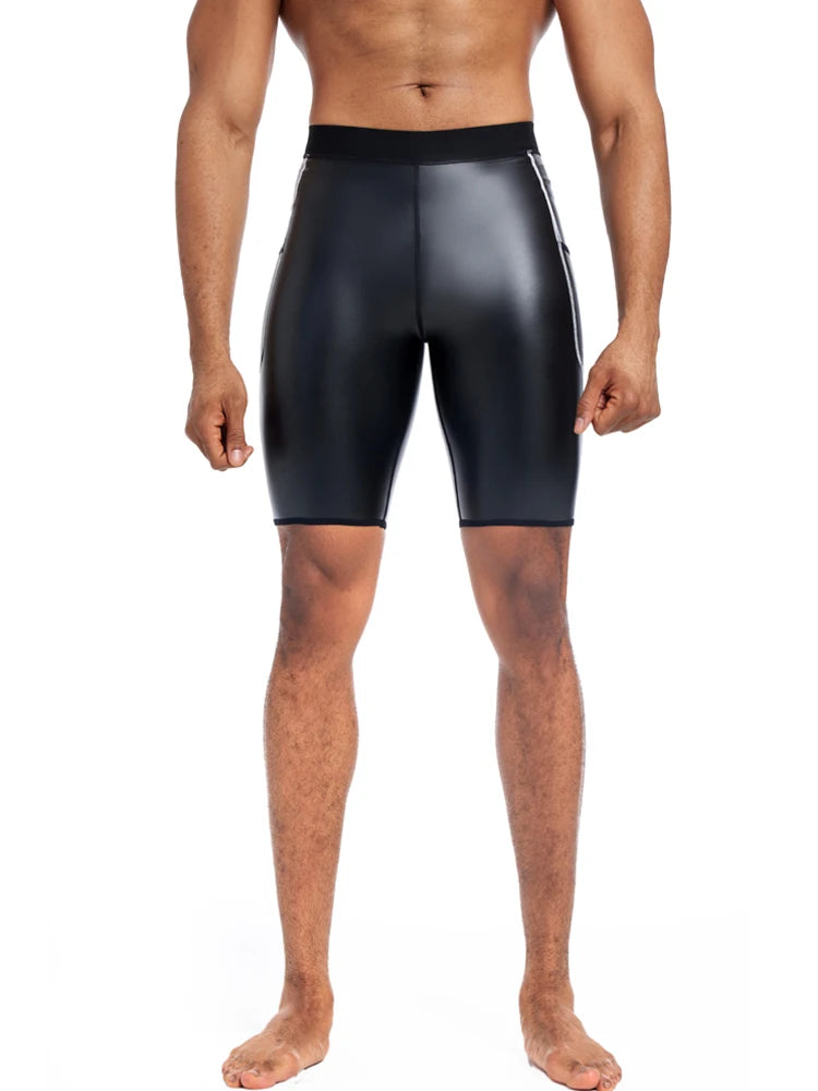 Men Fashion White Splicing Leather Shorts Body Shaper Waist Trainer High Waist Control Panties Fitness Leather Pants with Pocket