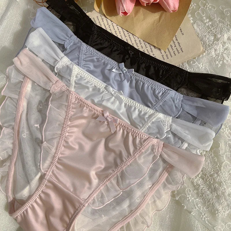 Women Sexy Mesh Satin Lace Ruffles Underwear Transparent Bow Cute Lovely Low Waist Thin Breathable Panties High Forks Breifs