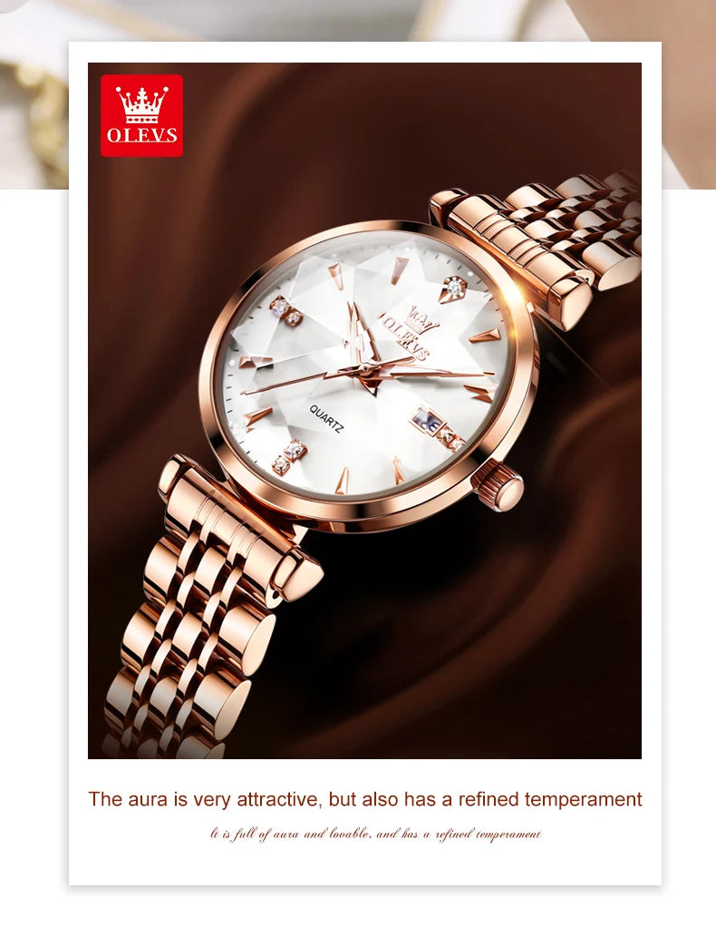 OLEVS Women Luxury Jewelry Quartz Watch Waterproof Stainless steel Strap Rose Gold Watch for Women Fashion Watch Bracelet Set