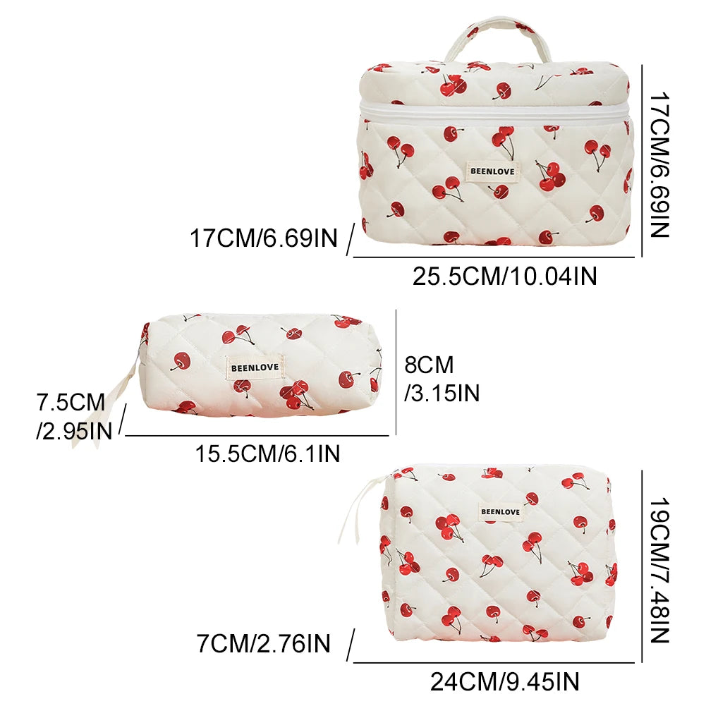 3pcs Aesthetic Cosmetic Organizer Set Quilted Cotton Sweet Women Makeup Pouch Cherry/Heart Pattern Skincare Clutch Toiletry Bag