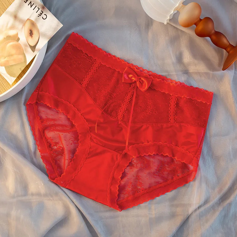 Women Sexy Lace Satin Smooth Middle Waist Panties Transparent Breathable Seamless Bow Underwear High Elasticity Soft Breifs