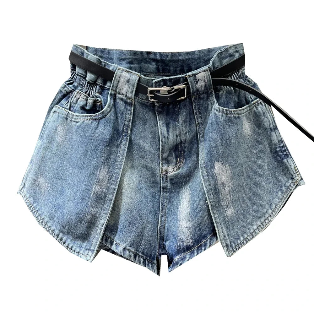 Women's Elastic Bud Denim Shorts High Waist Pocket Loose Wide Leg Jeans Pants Streetwear Casual Summer Fashion Short Pants