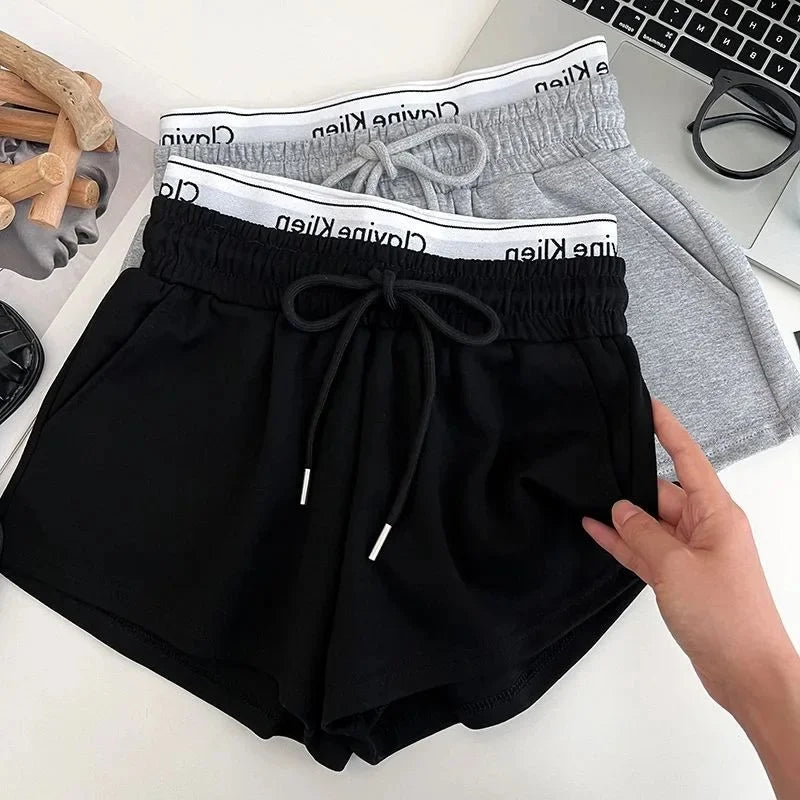 High Waist Drawstring Elastic Shorts Casual Sports Hot Pants Women's Summer New Letter Print Slimming Fake Two-Piece Pants