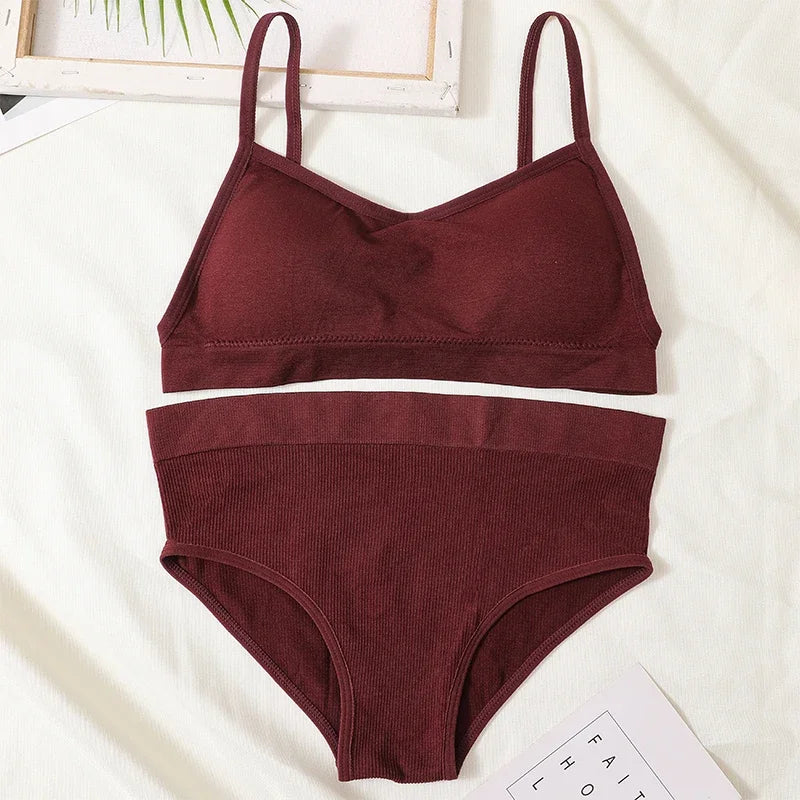 Women Seamless Bra Set Sexy Backless Ribbed High Waist Panties Female Lingerie Set Crop Top Seamless Briefs Underwear