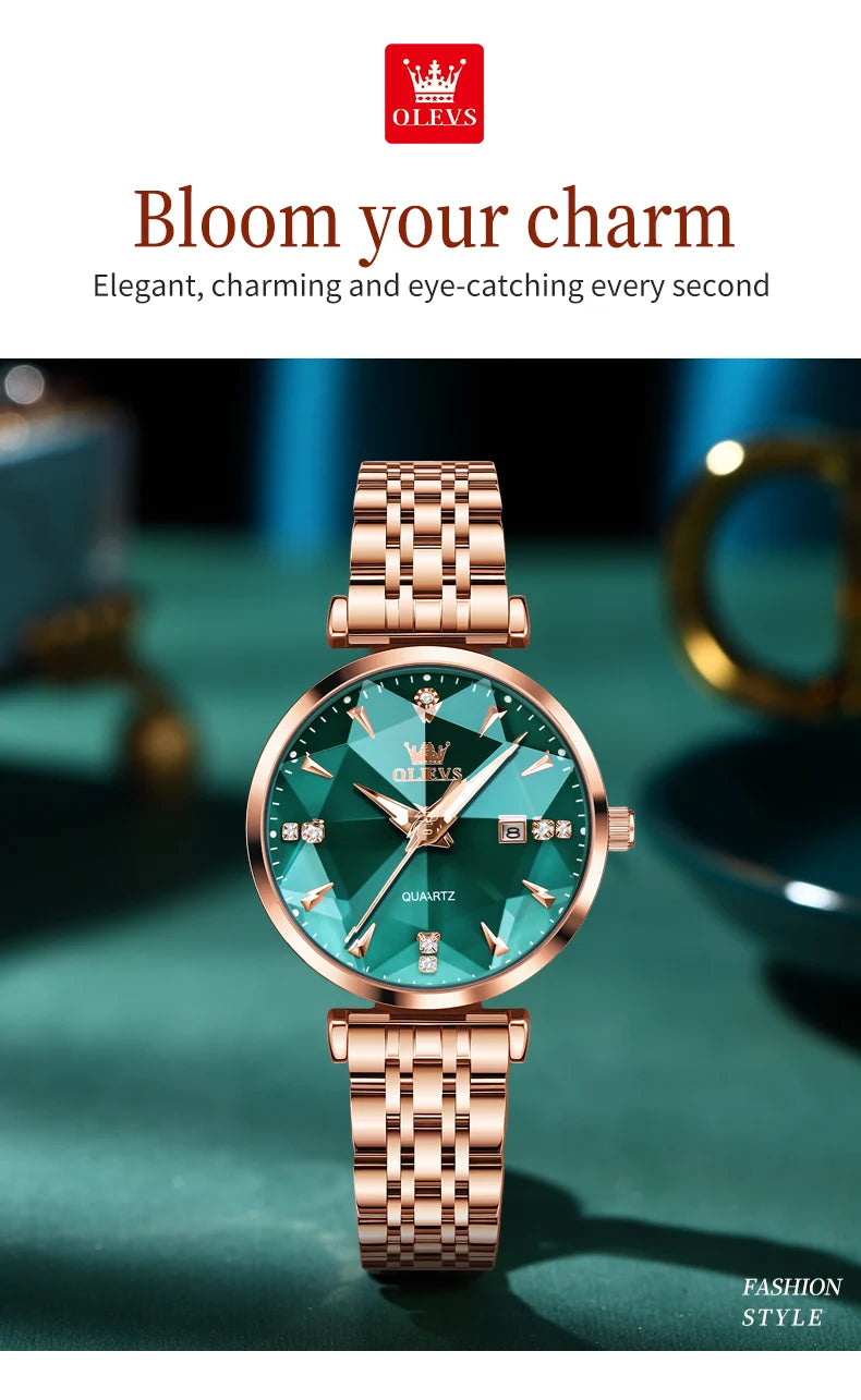OLEVS Women Luxury Jewelry Quartz Watch Waterproof Stainless steel Strap Rose Gold Watch for Women Fashion Watch Bracelet Set