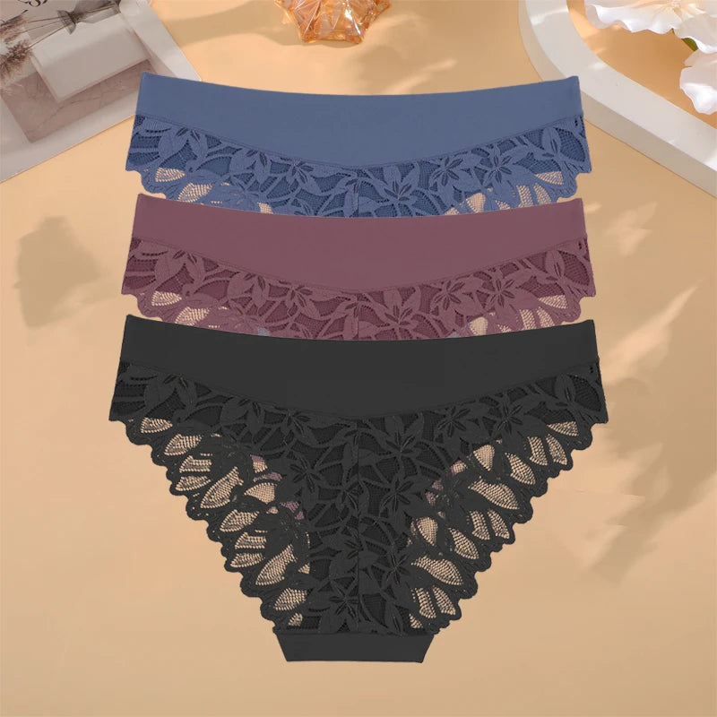 FINETOO 3Pcs Women Lace Floral Underwear Seamless Stretch Panties Sexy Hollow Out Low-Waist Briefs High Quality Comfort Lingerie