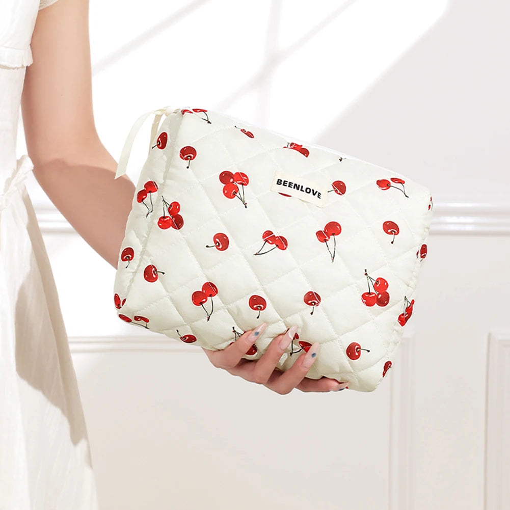 3pcs Aesthetic Cosmetic Organizer Set Quilted Cotton Sweet Women Makeup Pouch Cherry/Heart Pattern Skincare Clutch Toiletry Bag