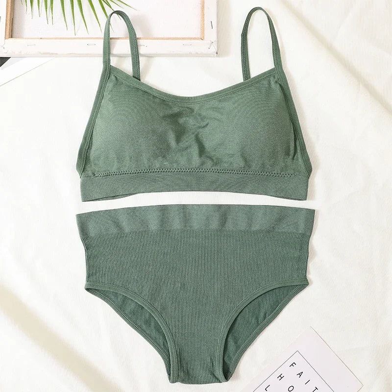 Women Seamless Bra Set Sexy Backless Ribbed High Waist Panties Female Lingerie Set Crop Top Seamless Briefs Underwear
