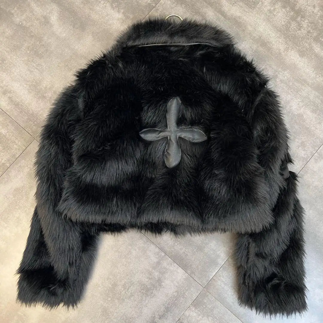 2024 Winter Women Cotton Jacket Lapel Long Sleeve Patch Cross Short Fur Coat Black