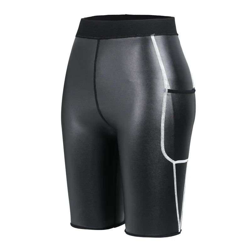 Men Fashion White Splicing Leather Shorts Body Shaper Waist Trainer High Waist Control Panties Fitness Leather Pants with Pocket