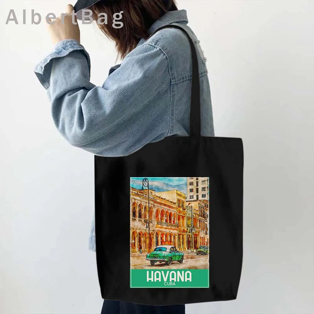Cuba Country Map Flag Havana Travel Cuban Watercor Shopper Harajuku Canvas Totes Bag Cubana Girl Gift Love Heart Cotton Handbags