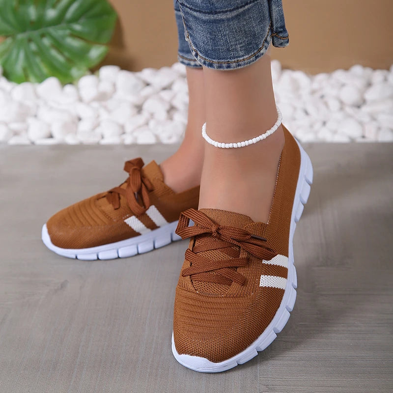 Lightweight Women Casual Shoes Mesh Breathable Casual Sneakers Woman Striped Knitted Flats Comfortable Walking Shoes Plus Size