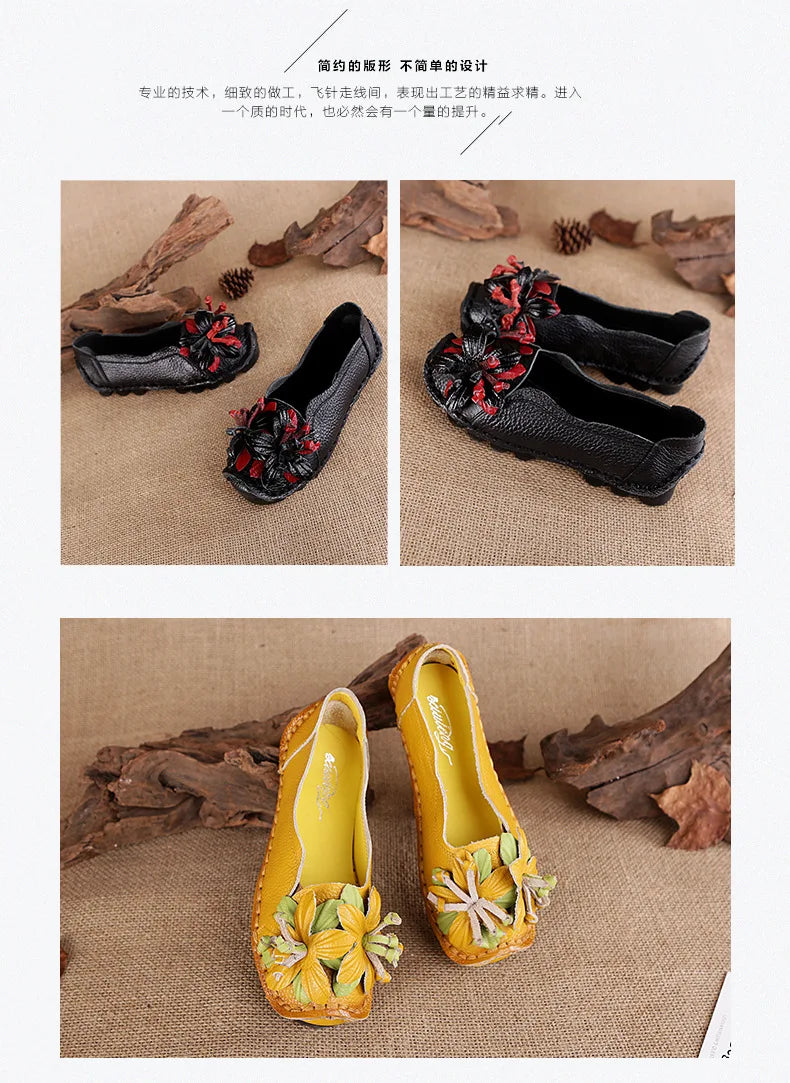 Genuine Leather Ballet Flats Women's Slip On Loafers Vintage Handmade Flower Soft Muffin Platform Casual Walk Dress Shoes Woman