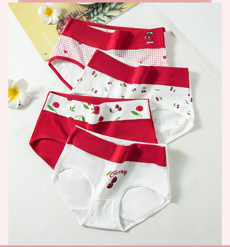 4Pcs/Set High Waist Cotton Panties Women Body Shaper Underwear Seamless Cute Girls Briefs Lucky Red Female Lingerie M-2XL